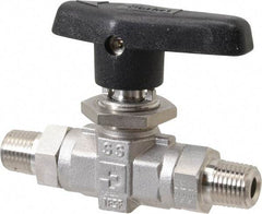 Parker - 1/4" Pipe, MNPT x MNPT End Connections, Stainless Steel, Inline, Two Way Flow, Instrumentation Ball Valve - 6,000 psi WOG Rating, Wedge Handle, PTFE Seal, PTFE Seat - Benchmark Tooling
