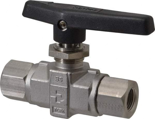 Parker - 3/8" Pipe, FNPT x FNPT End Connections, Stainless Steel, Inline, Two Way Flow, Instrumentation Ball Valve - 6,000 psi WOG Rating, Wedge Handle, PTFE Seal, PTFE Seat - Benchmark Tooling