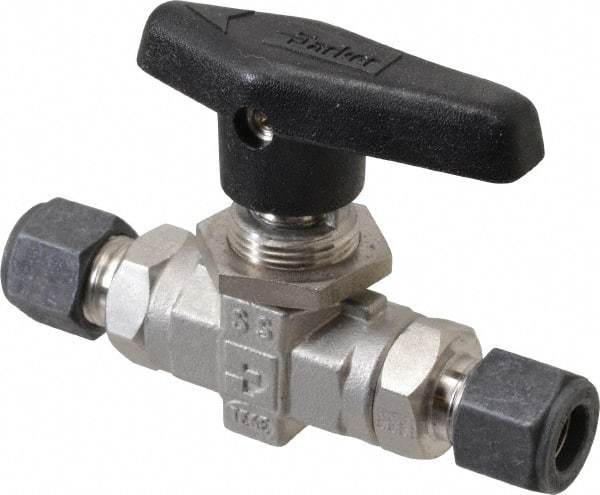 Parker - 3/8" Pipe, Compression x Compression CPI End Connections, Stainless Steel, Inline, Two Way Flow, Instrumentation Ball Valve - 6,000 psi WOG Rating, Wedge Handle, PTFE Seal, PTFE Seat - Benchmark Tooling