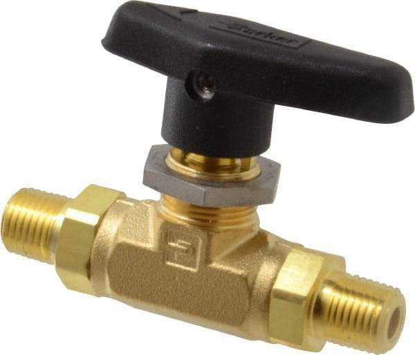 Parker - 1/4" Pipe, MNPT x MNPT End Connections, Brass, Inline, Two Way Flow, Instrumentation Ball Valve - 3,000 psi WOG Rating, Wedge Handle, PTFE Seal, PTFE Seat - Benchmark Tooling