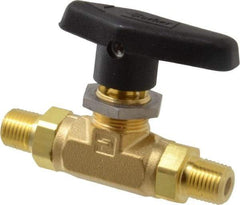 Parker - 1/4" Pipe, MNPT x MNPT End Connections, Brass, Inline, Two Way Flow, Instrumentation Ball Valve - 3,000 psi WOG Rating, Wedge Handle, PTFE Seal, PTFE Seat - Benchmark Tooling