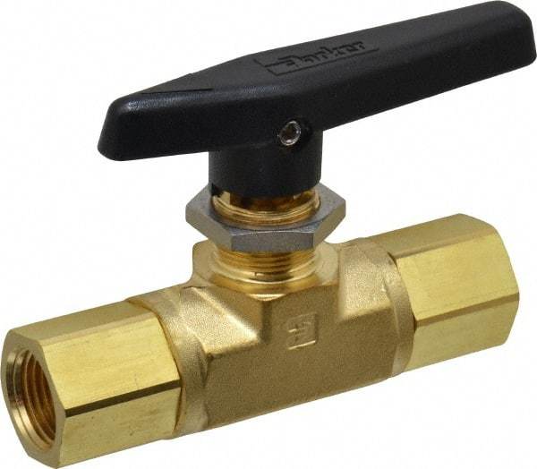Parker - 1/2" Pipe, FNPT x FNPT End Connections, Brass, Inline, Two Way Flow, Instrumentation Ball Valve - 3,000 psi WOG Rating, Wedge Handle, PTFE Seal, PTFE Seat - Benchmark Tooling