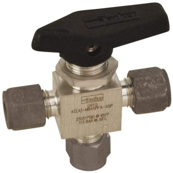 Parker - 3/8" Pipe, Compression x Compression x Compression CPI End Connections, Stainless Steel, Three Way, Instrumentation Ball Valve - 3,000 psi WOG Rating, Wedge Handle, PFA Seat - Benchmark Tooling
