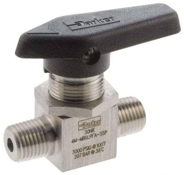 Parker - 1/4" Pipe, MNPT x MNPT End Connections, Stainless Steel, Inline, Two Way Flow, Instrumentation Ball Valve - 3,000 psi WOG Rating, Wedge Handle, PFA Seat - Benchmark Tooling