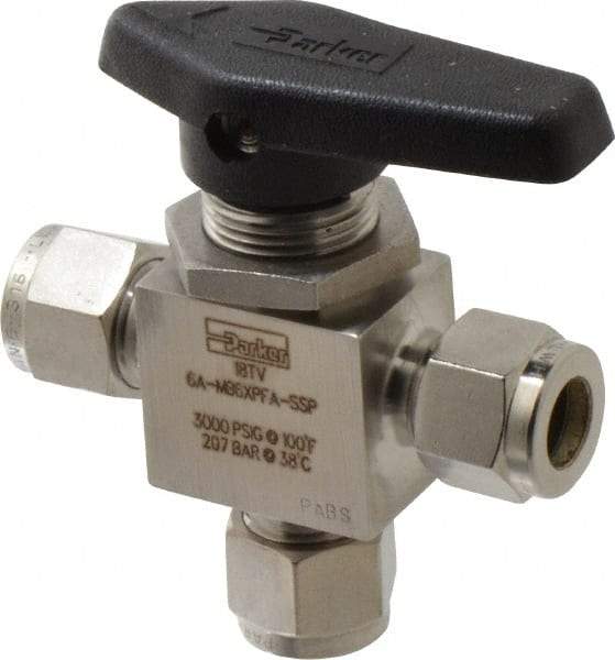 Parker - 3/8" Pipe, Stainless Steel, Three Way, Instrumentation Ball Valve - 3,000 psi WOG Rating, Wedge Handle, PFA Seat - Benchmark Tooling