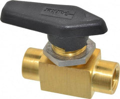 Parker - 1/4" Pipe, FNPT x FNPT End Connections, Brass, Inline, Two Way Flow, Instrumentation Ball Valve - 3,000 psi WOG Rating, Wedge Handle, PFA Seat - Benchmark Tooling