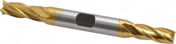 Hertel - 5/16", 3/4" LOC, 3/8" Shank Diam, 3-1/2" OAL, 4 Flute, Cobalt Square End Mill - Double End, TiN Finish, Spiral Flute, 30° Helix, Centercutting, Right Hand Cut, Right Hand Flute - Benchmark Tooling
