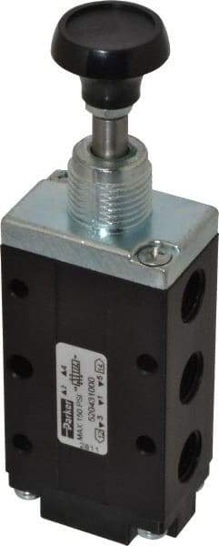 Parker - 0.83 CV Rate, 1/4" NPT Inlet Direct Air 4 Mechanical Spool Valve - 4 Way, 2 Position, Button Manual Return, 150 Max psi - Benchmark Tooling