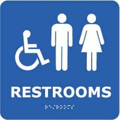 NMC - Restrooms, 8" Wide x 8" High, Plastic Sign - English, Braille, White on Blue, Wall Mount - Benchmark Tooling