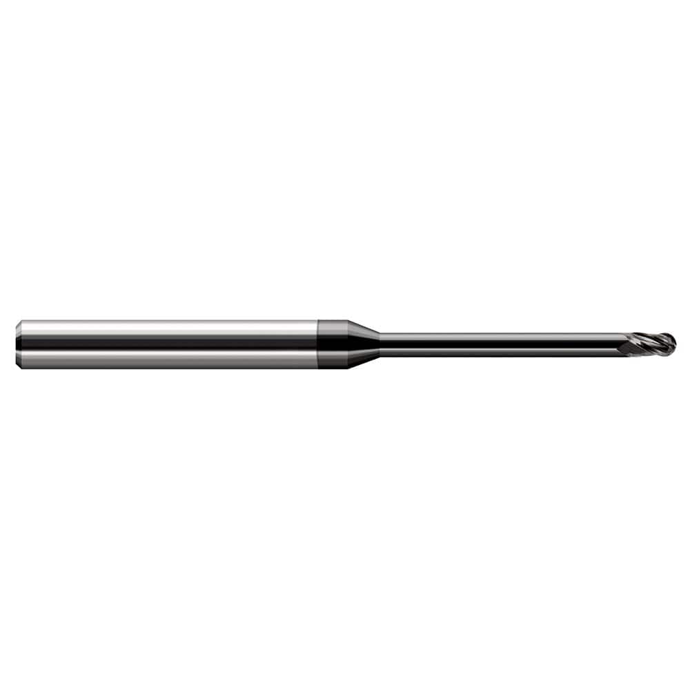 Ball End Mill: 0.01″ Dia, 0.015″ LOC, 3 Flute, Solid Carbide 2-1/2″ OAL, 1/8″ Shank Dia, 30 ° Helix, Amorphous Diamond Coated, Single End