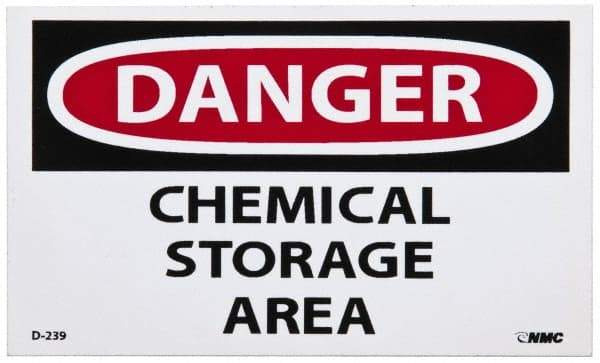 NMC - Hazardous Materials Label, Header: DANGER - Legend: Danger - Chemical Storage Area, English, Red, Black & White, 5" Long x 3" High, Sign Muscle Finish - Benchmark Tooling