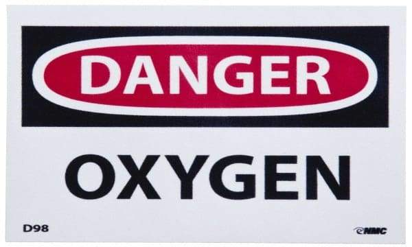 NMC - Hazardous Materials Label, Header: DANGER - Legend: Danger - Oxygen, English, Red, Black & White, 5" Long x 3" High, Sign Muscle Finish - Benchmark Tooling