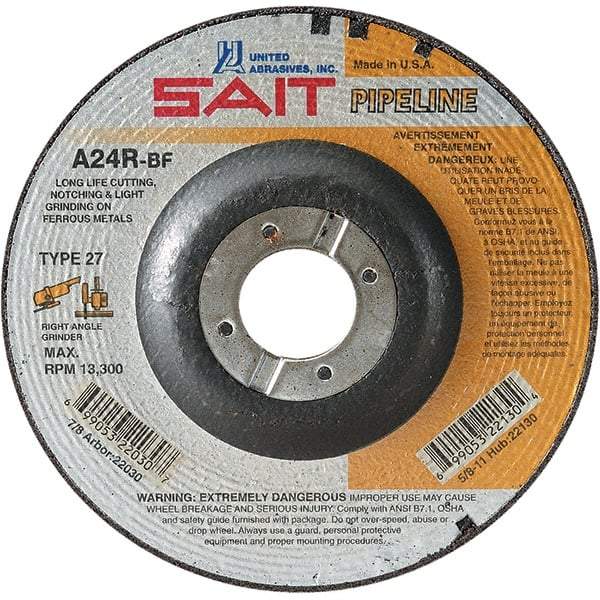 Sait - 24 Grit, 9" Wheel Diam, 1/8" Wheel Thickness, 7/8" Arbor Hole, Type 27 Depressed Center Wheel - Aluminum Oxide, Resinoid Bond, R Hardness, 6,600 Max RPM, Compatible with Angle Grinder - Benchmark Tooling