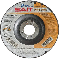 Sait - 24 Grit, 9" Wheel Diam, 1/8" Wheel Thickness, 7/8" Arbor Hole, Type 27 Depressed Center Wheel - Aluminum Oxide, Resinoid Bond, R Hardness, 6,600 Max RPM, Compatible with Angle Grinder - Benchmark Tooling