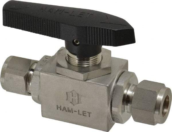 Ham-Let - 1/2" Pipe, Stainless Steel, Inline, Two Way Flow, Instrumentation Ball Valve - 3,000 psi WOG Rating, Tee Handle, PTFE Seal, PTFE Seat, Swaglok SS-45S8 - Benchmark Tooling