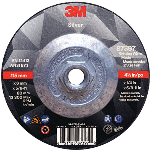 3M Silver Depressed Center Grinding Wheel 87397 T27 Quick Change 4.5″ × 1/4″ × 5/8-11 - Benchmark Tooling