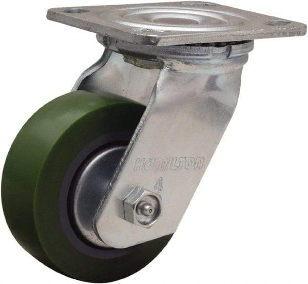 Hamilton - 4" Diam x 1-1/2" Wide x 5-5/8" OAH Top Plate Mount Swivel Caster - Polyurethane Mold onto Cast Iron Center, 675 Lb Capacity, Straight Roller Bearing, 4 x 4-1/2" Plate - Benchmark Tooling