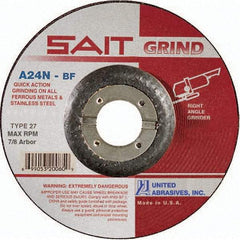 Sait - 24 Grit, 9" Wheel Diam, 1/4" Wheel Thickness, 7/8" Arbor Hole, Type 27 Depressed Center Wheel - Aluminum Oxide, Resinoid Bond, N Hardness, 6,600 Max RPM, Compatible with Angle Grinder - Benchmark Tooling