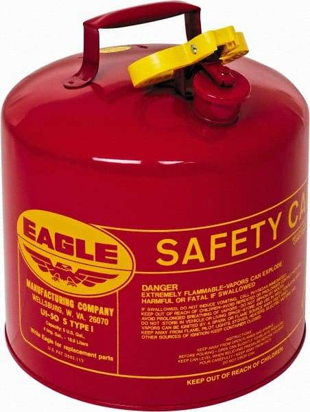 Eagle - 5 Gal Galvanized Steel Type I Safety Can - 13-1/2" High x 12-1/2" Diam, Red with Yellow - Benchmark Tooling
