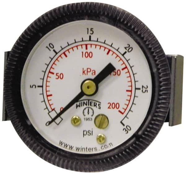 Winters - 2-1/2" Dial, 1/4 Thread, 0-300 Scale Range, Pressure Gauge - U-Clamp Panel Mount, Center Back Connection Mount, Accurate to 2.5% of Scale - Benchmark Tooling