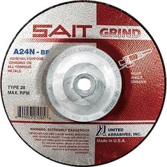Sait - 24 Grit, 4-1/2" Wheel Diam, 1/4" Wheel Thickness, Type 28 Depressed Center Wheel - Aluminum Oxide, Resinoid Bond, N Hardness, 13,300 Max RPM, Compatible with Angle Grinder - Benchmark Tooling