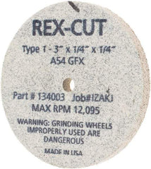 Rex Cut Product - 3" Diam x 1/4" Hole x 1/4" Thick, 54 Grit Surface Grinding Wheel - Aluminum Oxide, Type 1, Coarse Grade, 12,095 Max RPM, Rubber Bond, No Recess - Benchmark Tooling