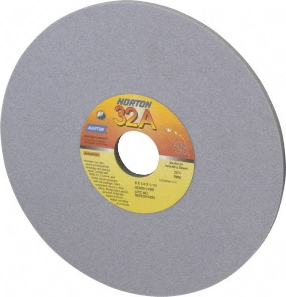 Norton - 8" Diam x 1-1/4" Hole x 1/4" Thick, L Hardness, 80 Grit Surface Grinding Wheel - Aluminum Oxide, Type 1, Medium Grade, 3,600 Max RPM, Vitrified Bond, No Recess - Benchmark Tooling