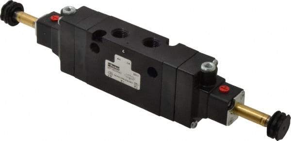 Parker - 1/4" NPT Port, Double Solenoid, 3 Position Valveless Coil, Aluminum Solenoid Valve - Center Exhaust Open, 145 Max PSI, Buna-N Seal - Benchmark Tooling