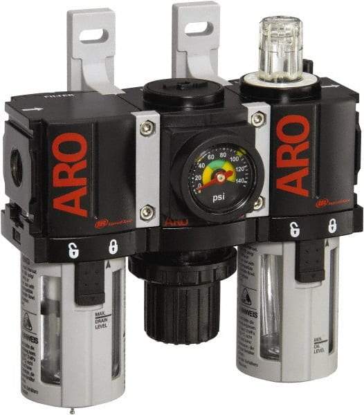 ARO/Ingersoll-Rand - 1/4" NPT Port Miniature 3 Piece Filter-Regulator-Lubricator FRL Unit - Polycarbonate Bowl, 46 SCFM, 150 Max psi, 5" High x 4.724" Long, Manual Drain - Benchmark Tooling