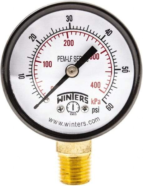 Winters - 2" Dial, 1/4 Thread, 0-60 Scale Range, Pressure Gauge - Lower Connection Mount, Accurate to 3-2-3% of Scale - Benchmark Tooling
