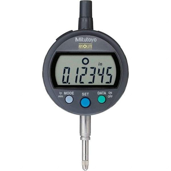 Mitutoyo - 0 to 1/2" Range, 0.00005" Graduation, Electronic Drop Inidicator - Flat Back, 0.00012" Accuracy, LCD Display, Inch & Metric - Benchmark Tooling