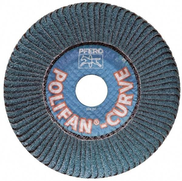 PFERD - 60 Grit, 5" Disc Diam, 5/8-11 Center Hole, Type 27 Ceramic Flap Disc - 12,200 Max RPM, Fiberglass Backing, Arbor Attaching System, Coated - Benchmark Tooling