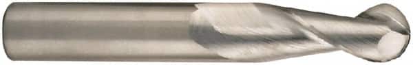 SGS - 3/8" Diam, 1" LOC, 2 Flute Solid Carbide Ball End Mill - Uncoated, Single End, 2-1/2" OAL, 3/8" Shank Diam, Spiral Flute - Benchmark Tooling