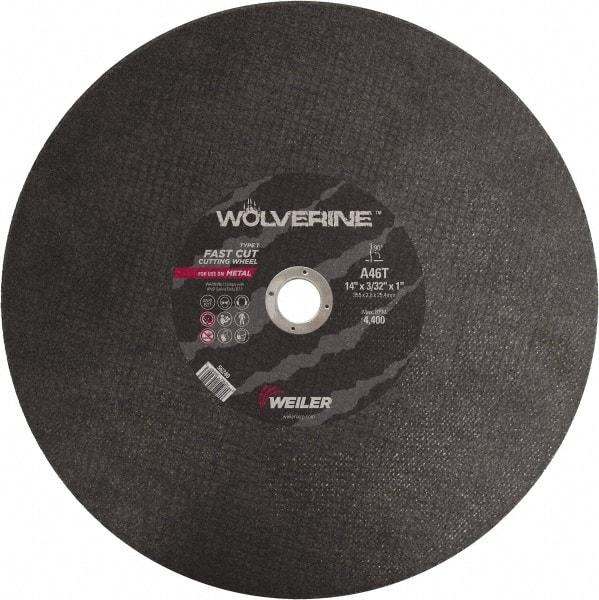 Weiler - 14" 46 Grit Aluminum Oxide Cutoff Wheel - 3/32" Thick, 1" Arbor, 4,400 Max RPM, Use with Chop Saws - Benchmark Tooling