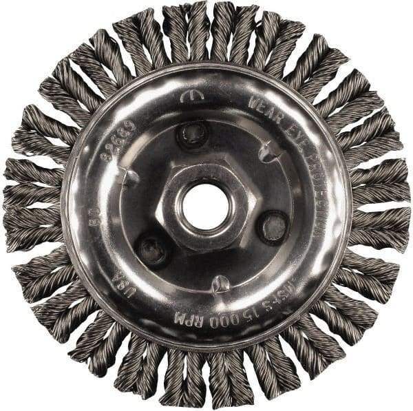 PFERD - 4" OD, 5/8-11 Arbor Hole, Knotted Steel Wheel Brush - 3/16" Face Width, 3/4" Trim Length, 0.02" Filament Diam, 20,000 RPM - Benchmark Tooling