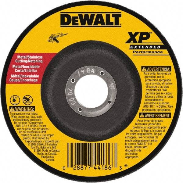 DeWALT - 24 Grit, 9" Wheel Diam, 3/32" Wheel Thickness, 7/8" Arbor Hole, Type 27 Depressed Center Wheel - Zirconia Alumina, Resinoid Bond, 6,600 Max RPM - Benchmark Tooling