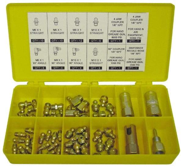 PRO-LUBE - 60 Piece, Metric, Box Plastic Steel Grease Fitting Set - Includes Metric Thread Types, Includes M10x1: (20) Straight, (4) 90°, M6x1: (12) Straight, (4) 90°, M8x1: (12) Straight, (4) 90° - Benchmark Tooling