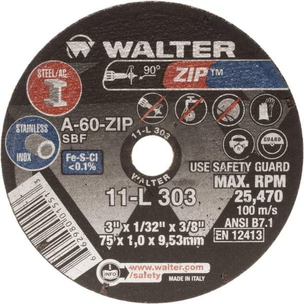 WALTER Surface Technologies - 3" Aluminum Oxide Cutoff Wheel - 1/16" Thick, 3/8" Arbor, 25,470 Max RPM, Use with Die Grinders - Benchmark Tooling
