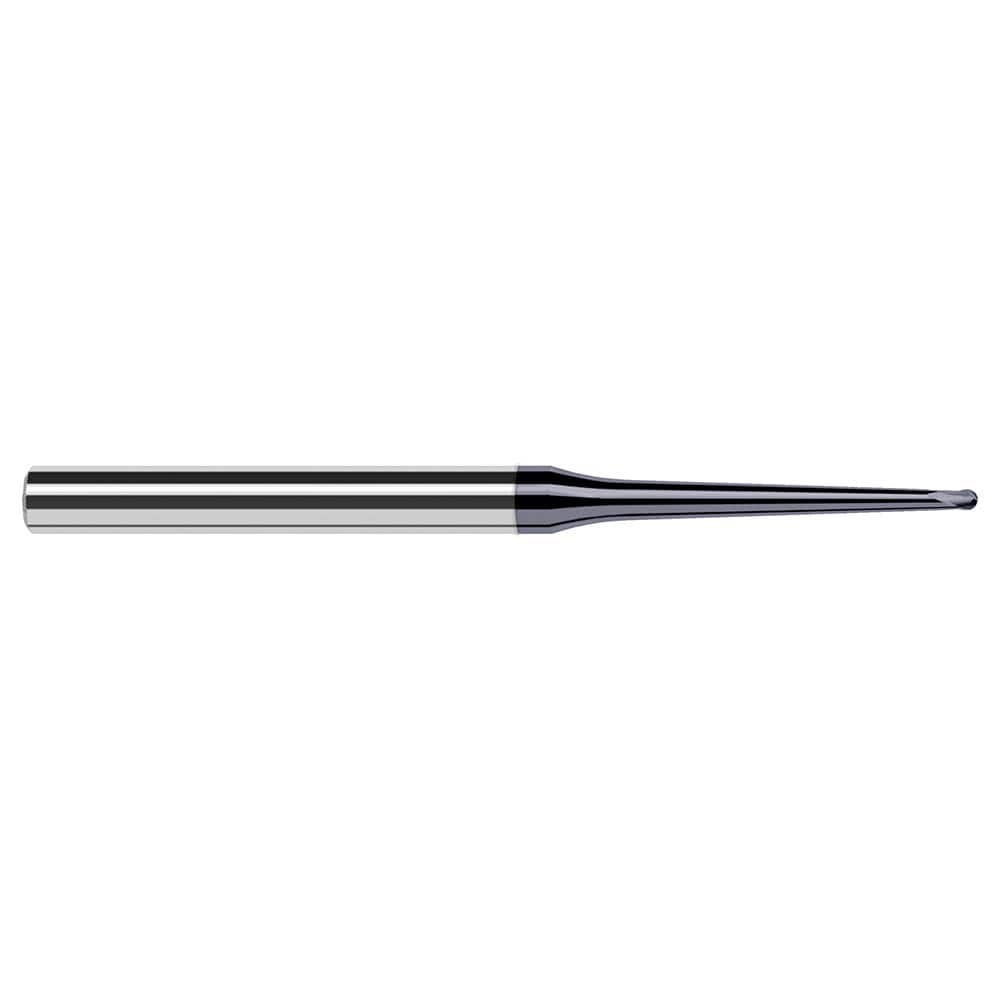 Ball End Mill: 0.047″ Dia, 0.038″ LOC, 2 Flute, Solid Carbide 2-1/2″ OAL, 1/4″ Shank Dia, 20 ° Helix, AlTiN Coated, Single End