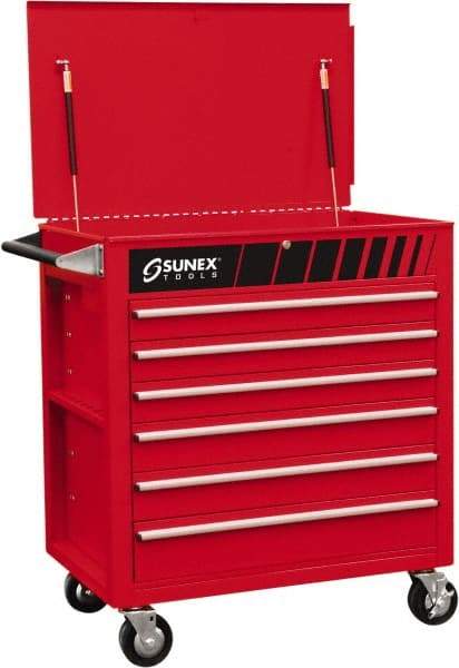 Sunex Tools - 600 Lb Capacity, 34-1/2" Wide x 20" Long x 39-1/2" High Service Cart - 6 Shelf, Steel, Heavy-Duty Casters - Benchmark Tooling