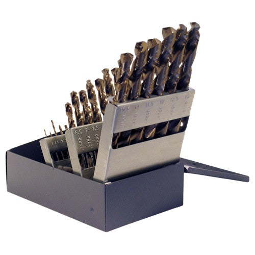 1mm-13mm RHS / RHC HSS-CO 8% (M42) 135 Degree Split Point Heavy Duty Cobalt Jobber Length Drill Set - Straw / Gold Oxide - Exact Industrial Supply