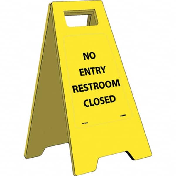 NMC - No Entry - Restroom Closed, 10-3/4" Wide x 24-5/8" High, Plastic Floor Sign - A-Frame, Black on Yellow, For Restroom, Janitorial & Housekeeping - Benchmark Tooling