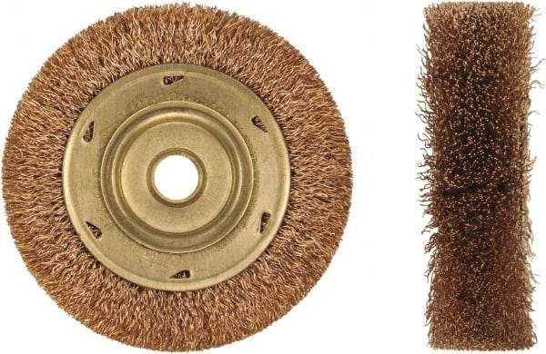 Ampco - 6" OD, 1/2" Arbor Hole, Crimped Phosphorus Bronze Alloy Wheel Brush - 1" Face Width, 1-3/16" Trim Length, 0.014" Filament Diam, 6,000 RPM - Benchmark Tooling