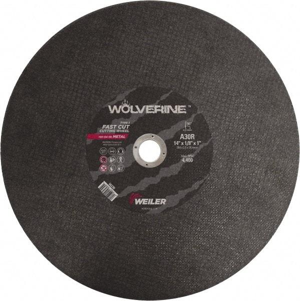 Weiler - 14" 30 Grit Aluminum Oxide Cutoff Wheel - 1/8" Thick, 1" Arbor, 4,400 Max RPM, Use with Chop Saws - Benchmark Tooling
