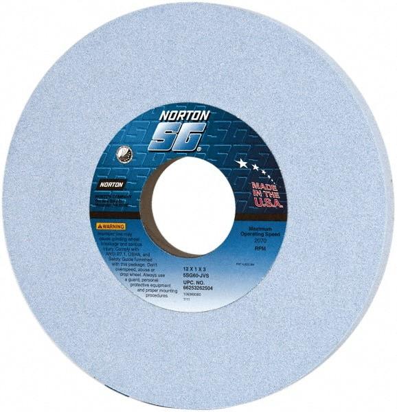 Norton - 12" Diam x 3" Hole x 1" Thick, J Hardness, 60 Grit Surface Grinding Wheel - Ceramic, Type 1, Medium Grade, 2,070 Max RPM, Vitrified Bond, No Recess - Benchmark Tooling