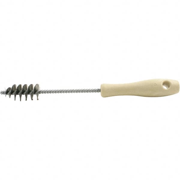 Brush Research Mfg. - 0.975" Diam Helical Stainless Steel Tube Brush - Single Spiral, 0.006" Filament Diam, 2" Brush Length, 10-1/2" OAL, 0.245" Diam Plastic Handle Shank - Benchmark Tooling