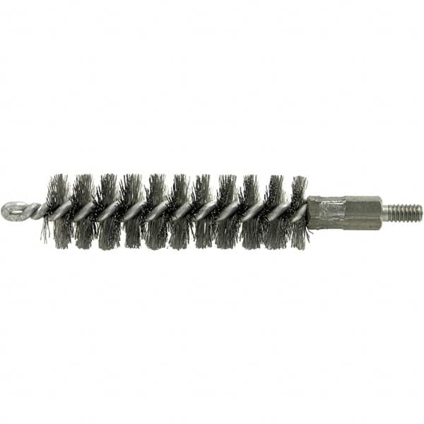 Brush Research Mfg. - 1/2" Diam Helical Stainless Steel Tube Brush - Single Spiral, 0.004" Filament Diam, 2" Brush Length, 2-9/16" OAL, 0.14" Diam Galvanized Steel Shank - Benchmark Tooling