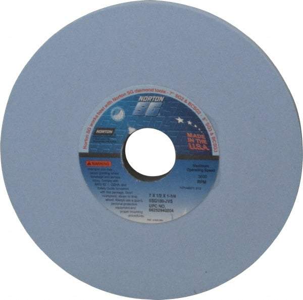 Norton - 7" Diam x 1-1/4" Hole x 1/2" Thick, J Hardness, 100 Grit Surface Grinding Wheel - Ceramic, Type 1, Fine Grade, 3,600 Max RPM, Vitrified Bond, No Recess - Benchmark Tooling