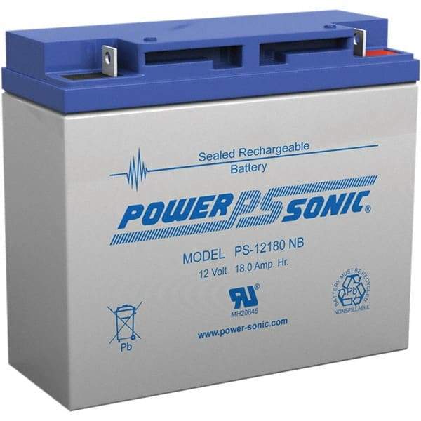 Power-Sonic - Lead-Acid, Nut/Bolt Terminal, 12 Volt, 18 Amp, Lead Rechargeable Battery - 5mm Hole Diam, 2mm Tab Thickness, 3" Wide x 6.59" High x 7.13" Deep - Benchmark Tooling