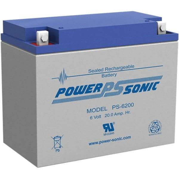 Power-Sonic - Lead-Acid, Nut/Bolt Terminal, 6 Volt, 20 Amp, Lead Rechargeable Battery - 5mm Hole Diam, 2mm Tab Thickness, 3.27" Wide x 4.92" High x 6.18" Deep - Benchmark Tooling